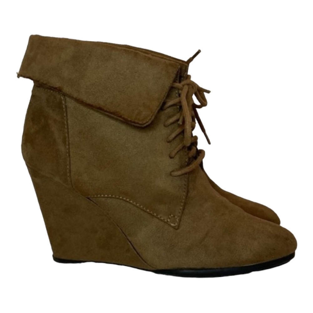 FIONI Brown Suede Wedge Ankle Boots, W/Folding Top Flap, Lace Up, Size 11